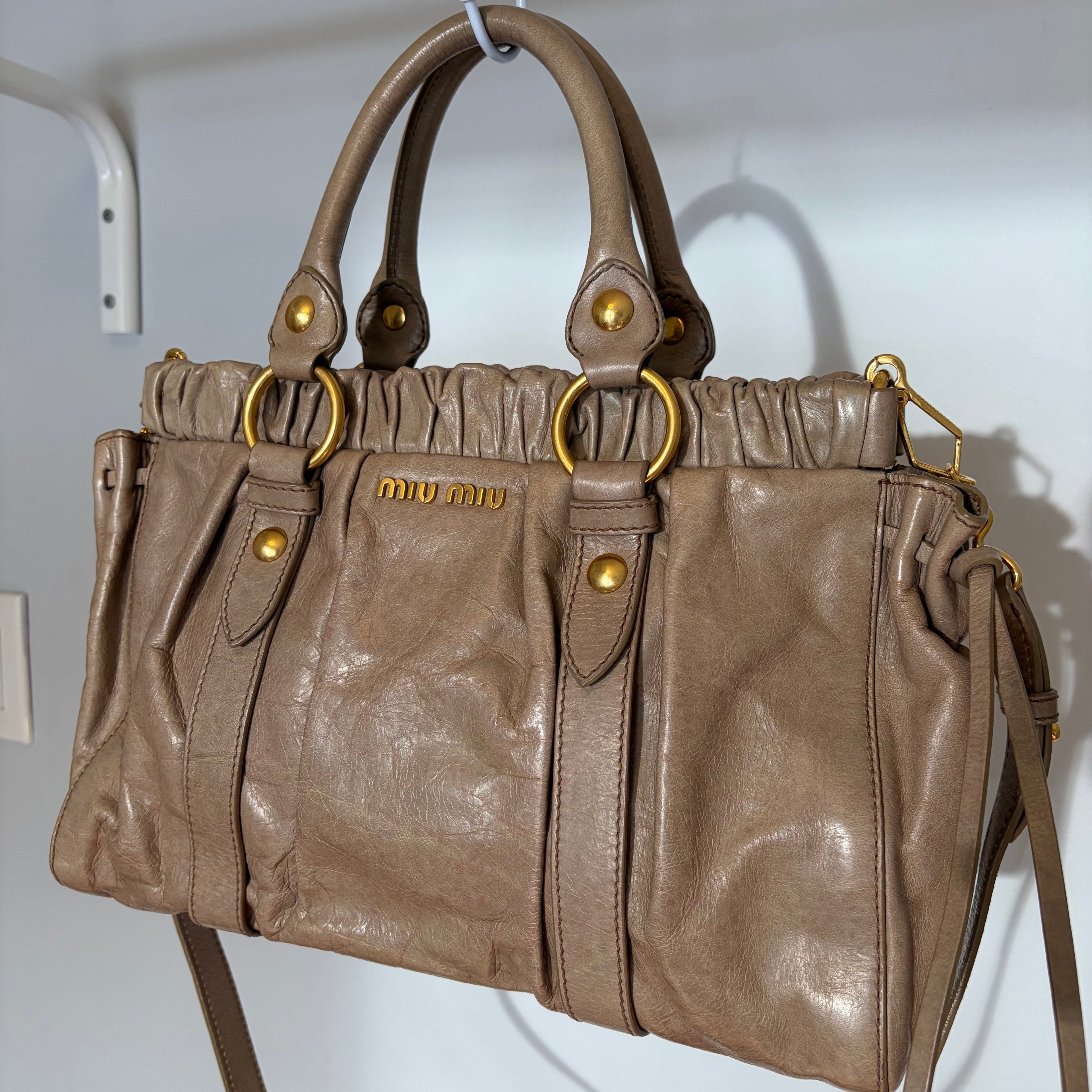 Miu Miu Vitello Lux 2-Way Bag Taupe